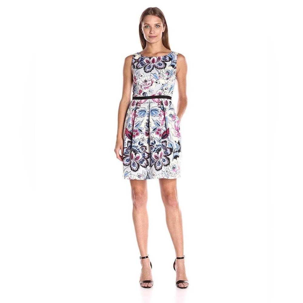 Adrianna Papell Boat Neck Sleeveless Pleat Multi Print Ottoman Dress(AP1D100197)